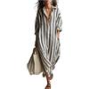 Generic Maxi abito da donna a righe, caftano con scollo a V e spacco laterale con tasche, abito in cotone a righe bohémien, a maniche lunghe, oversize, vestibilità ampia, camicia da spiaggia