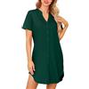 Lovasy Camicia da Notte Donna in Cotone Manica Corta Scollo a V Sexy Sottoveste Curvy con Bottoni Davanti Abito da Notte Estiva con Tasche B Verde Scuro XL