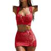 FEOYA Set di biancheria intima sexy da donna, 3 pezzi, trasparente, Babydoll Curvy Lingerie Set Pizzo Push Up Reggiseno Mini Gonna Slip Biancheria da notte, Colore: rosso, S