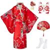 KRUIHAN Kimono Bambina Abito Giapponese Vestaglie di Raso per Bambini,Yukata per Matrimoni,Feste e Spettacoli,Cosplay Anime con Ventaglio Pieghevole,Calze Tabi,Maschera e Spilla per Capelli,Rosso,130
