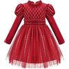 Sunny Fashion Vestito Bambina Rosso Strass Increspatura Deridere Collare Puff Manicotto Natale Festa 6 Anni