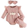 Kunyeah 3Pcs Vestiti per bambina Neonato Ruffle Romper Body a maniche lunghe+Fiocco per capelli+Calzini Tuta neonato a fiori (Rosa, 3-6 Mesi)