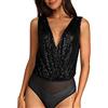 Duohropke Body da Donna a Maniche Lunghe con Scollo Profondo a V, Top Canotta con Paillettes, Body Shapewear, Body String, Sottoveste, Top, Jumpsuit, Nero , S