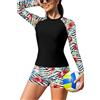 SHEKINI Donne 2 pezzi protezione eruzioni cutanee manica lunga costumi da bagno protezione solare surf camicia costume da bagno nuoto, Fiore nero+a strisce, M