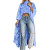 Generic Maglia a maniche lunghe da donna con volant lanterna, maniche lunghe, con motivo floreale, con scollo rotondo, maniche lunghe, in pizzo, ricamo, trasparente, asimmetrico, copertina superiore, Blu, S