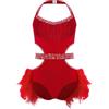 inhzoy Ragazze Ginnastica Leotards Abito da Ballo Latino Americano Tango con Nappe Strass Body da Pattinaggio Artistico con Piume Costume Danza Samba Rumba Salsa Rosso 9-10 anni
