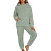 Duohropke Pigiama da donna lungo in pile, set invernale caldo, in flanella, da notte in due pezzi, girocollo, a maniche lunghe, con cappuccio e pantaloni da sonno, set morbido e termico, verde chiaro