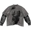 Juankrynord Maglietta da uomo con motivo rapper Y2K Fake Two Emo Grunge 2000 Vintage T-shirt a maniche lunghe Harajuku Street Motivo oversize Vintage Top (Grigio,M)