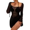 Hanaoops Copricostume Donna Mare Abito da Spiaggia in Rete Sexy Trasparente Mini Abito con Maniche Lunghe Estate Spacco Bikini Cover Up Abito in Tulle Nero Corti Abiti per Discoteca Costume da Bagno