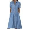 Generic Abito in jeans da donna, estivo, lunghezza al ginocchio, lunghezza al ginocchio, con bottoni, casual, a maniche corte, in denim, con scollo a V, a maniche corte, per il tempo libero, da spiaggia,