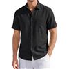 HISDERN Camicia Lino Uomo Maniche Corte Abbottonata Misto Lino Cotone vestibilità Regular Camicia Estiva da Spiaggia Casual con Taschino Nero XL