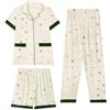 Generic Pigiama in Cotone per Donne, Set di 3 Pezzi in Cotone con Camicia a Maniche Corte con Stampa Carina e Pantaloni Lunghi con Tasche da Notte, Pigiama da Donna con Bottoni, Set di Pjs con Tasche