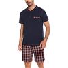 Litherday Pigiama Uomo Estivo Cotone Due Pezzi Pigiama Corto Uomo con Maglia Girocollo Tinta Unita e Pantaloncini Scozzesi con Coulisse e Tasche, Blu Scuro, XL