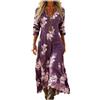 Gienslru Vestito Lungo Donna Estivo Boho Chic in Lino Effetto, Maxi Abito Floreale Vintage con Scollo a V e Maniche Lunghe, Elegante con Tasche per Mare Vacanza Cerimonia Primavera Estate Taglie Forti Curvy