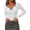 Totatuit Maglietta a Maniche Lunghe Donna Cotone Scollo a V con Occhielli Maglia a Coste Top Basic Elasticizzato Sexy Elegante Slim Fit Camicetta per Primavera Autunno Quotidiano Ufficio Festa