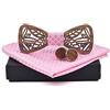 GIVBRO Papillon da uomo in legno, con taschino, con foglie vuote, papillon per smoking, matrimonio, anniversario, ballo di fine anno, 3 pezzi