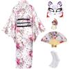 CRFASIBE 5 Pezzi Kimono Donna Lungo, Costume Giapponese Yukata per Cosplay | Set Completo Kimono con Accessori e Confezione Regalo, Taglia Unica, per Carnevale, Cerimonia, Festa