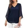 Enmain Camicia Blu Navy Donna Elegante Volant Scollo a V 3/4 Manica Blusa Abbigliamento Donna Curvy Fiori Leggero Casual Estiva Primaverile Top M