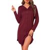 Crewhpo Camicia da Notte Donna Cotone Camicie Notte a Maniche Lunghe Comodo Vestaglia Ospedale Scollo a V Pigiama Aperta Davanti con Bottoni Rosso Vino S