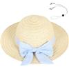 PinkSheep Cappello da sole per ragazze, grazioso cappello estivo da spiaggia in paglia con tesa larga, UPF 50+, Fiocco blu, 7-14 anni