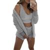 WIWIDANG Cozy Knit Set 3-Piece, Pigiama da donna in pile peloso caldo e sexy, completo in 3 pezzi, set di pantaloncini con top corto e soffice (S, Gray-b)