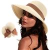 DRESHOW Cappelli da Sole per Donna Fedora da Viaggio Pieghevole da Spiaggia Cappello da Sole Sstivo a Tesa Larga in Paglia con Fiocco UPF 50+