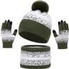 Yaopelky - Set di sciarpa, cappello e guanti per donna, invernale, con scaldacollo, guanti touch screen, fodera in pile, con pompon, per adulti, Verde, Taglia unica