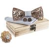 Cyriacus Set di Papillon in Legno, contiene Papillon e Gemelli, Sciarpa Quadrata (3PCS/4PCS), Design unico traforato, Adatto per l'uso in più scene