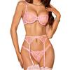RSLOVE Set di lingerie da donna, sexy, reggiseno con ferretto e mutandine, 3 pezzi, con reggicalze, Rosa, L