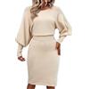 MODSGUE Abito a maglia da donna, a maniche lunghe, per il tempo libero, elegante, girocollo, a coste, in tinta unita, per l'autunno, l'inverno, beige., M