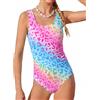 JiAmy Costume da bagno intero per ragazze, con motivo leopardato sfumato e sirena, elasticizzato, senza maniche, per bambine da 8 a 13 anni, Rosa-leopardo, 8-9 Anni