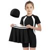 Baogaier Costume da Bagno Intero con Gonna da Mare per Bambine 4-12 Anni | 3in1 Costume Piscina con Cappellino, Maniche Corte, Ragazze Abbigliamento da Nuoto, per Surf, Spiaggia, Sport Acquatici