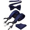 HISDERN Bretelle Uomo Blu Navy Eleganti Plaid Regolabile 6 Clips di e Forma a Y Elastica Bretelle Papillon e Fazzoletto da Taschino Set da Uomo