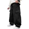 SEAUR Pantaloni larghi per bambini Pantaloni cargo a gamba larga in cotone elastico in vita pantaloni della tuta con tasche polsini con coulisse Pantaloni da jogging hip hop 5-14 anni, Nero , 7-8 Anni
