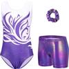 Arshiner Body Ginnastica Bambina Bianco Viola Set Danza Ritmica Artistica Tuta Sportiva Senza Maniche Shorts Metallizzati Fascia Capelli Elastico Abbigliamento Balletto Spettacolo Bambina 7-8 Anni