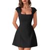 CPIDAH Abito Laurea Donna Tinta Unita, Vestito Mini con Scollo Squadrato E Maniche Corte, Gonna Ampia Canottiera Elegante per Cerimonia Fine Anno Nero M