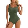 Generic Costumi da bagno donna con bordi in conchiglia e costine, stile retrò, scollatura quadrata, moda spiaggia, costume da bagno 2026 nero bianco a righe, verde militare, M