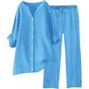 Generico Tuta Lino Donna Estiva Elegante Coordinato Larghi Camicia + Pantaloni Leggera Cotone E Lino Estivo Tute Da Ginnastica Primavera Curvy Set Due Pezzi Maniche 3/4 Jogging Traspirante Set Spiaggia