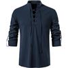Rodawu Camicie da uomo a maniche lunghe, in cotone e lino, stile medievale, con coulisse, Henley, stile vichingo, Marina Militare, L