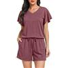Lovasy Pigiama Donna Cotone Estiva Ruffle Maniche Pigiami Set Corta Scollo a V e Maniche Corte 2 Pezzi Pigiama da Casa Leggero T-Shirt Pigiama