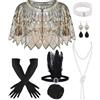 PLULON 8 Pezzi Anni '20 Flapper Accessori Set Paillettes Scialle Avvolge Fascia Piume Collana di Perle Bracciale Orecchini Guanti per Donna