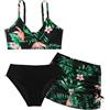 SEAUR Bikini da bambina con gonna, 3 pezzi, costume da bagno imbottito, per adolescenti, alla moda, stampato, costume da bagno per bambini, 130-160 cm, Nero , 140