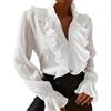Generic Camicia da donna vintage con colletto a volant - Camicetta in chiffon plissettata a maniche lunghe a campana abbottonata elegante per ufficio e feste, bianco, XXL