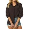 IPMQ Camicie da donna con bottoni, in cotone e lino, a maniche lunghe, casual, estive, da lavoro, con tasche, Marrone, M