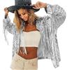 Generic Giacca da donna con frange con paillettes a tema discoteca a tema country dolly tema discoteca alla moda e carina giacca con paillettes a tema country giacca da sposa tendenze, Argento, Taglia unica