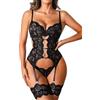 EVELIFE - Set di lingerie da donna sexy con reggicalze, body in pizzo, biancheria intima Teddy Babydolls con polsini sulle cosce, senza calze, taglie forti S-XXL, Nero , S
