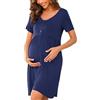 Bresdk Camicia da Notte per Allattamento Donna con Bottoni Estiva Manica Corta Parto Ospedale Morbidi Eleganti Abiti Premaman, Blu Navy, S