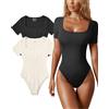 OQQ Bodysuit per Donna 2 Pezzi Maniche Corte Casual Tuta Body Elastico Basic Collo Quadrato Body Nero Beige