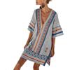 Mfhmom Abito Lungo Estivo Donna - Vestito Cotone Lino Maniche Corte Scollo a V Tasche Copricostumi Spiaggia Boho Chic Vintage Abbigliamento Curvy Taglie Forti Casual Primaverile Prendisole
