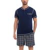 Litherday Pigiama Uomo Estivo Cotone Due Pezzi Pigiama Corto Uomo con Maglia Girocollo Tinta Unita e Pantaloncini Scozzesi con Coulisse e Tasche, Blu scuro2, XL